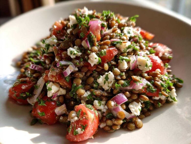 Close-up of a vibrant lentil salad mixed with diced tomatoes, red onion, feta cheese, and parsley.