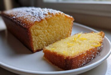 Close-up of a loaf of moist olive oil cake, sliced, showing a tender crumb and lemon zest.