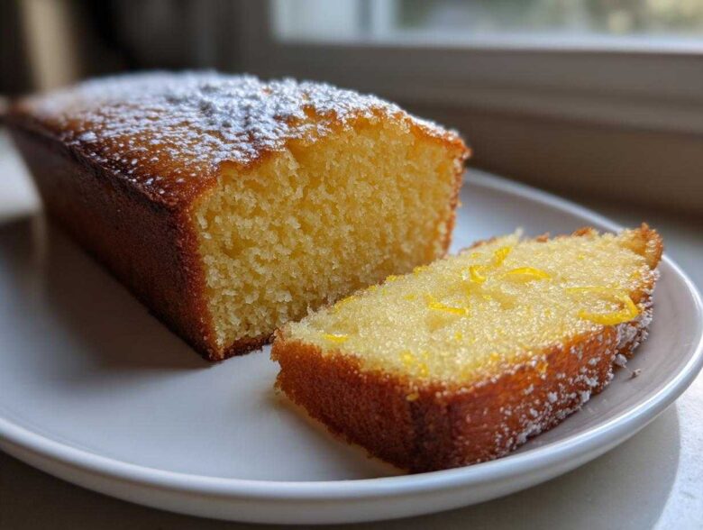 Close-up of a loaf of moist olive oil cake, sliced, showing a tender crumb and lemon zest.