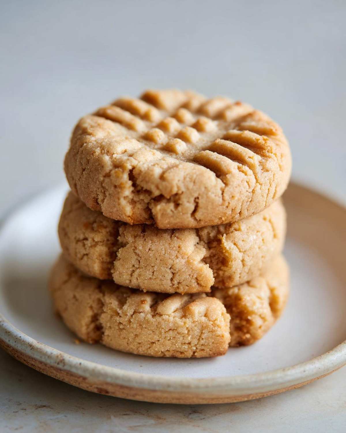 A vertical stack of three classic peanut butter cookies showing the traditional criss-cross fork marks.