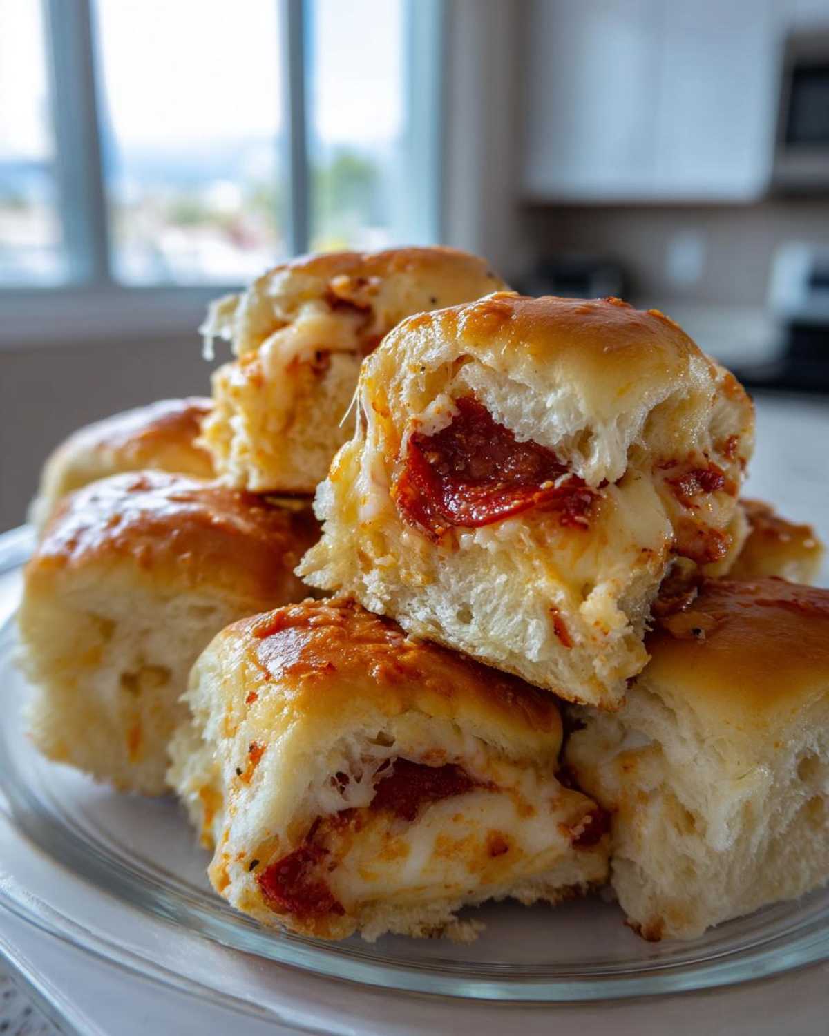 A stack of freshly baked pizza sliders, cut open to show melted cheese and pepperoni filling.