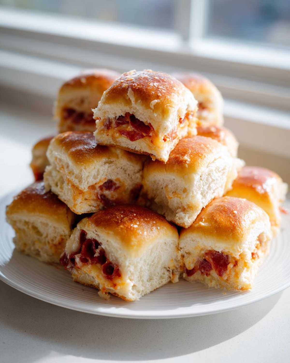 A tempting stack of golden brown pizza sliders filled with pepperoni and cheese, ready to eat.