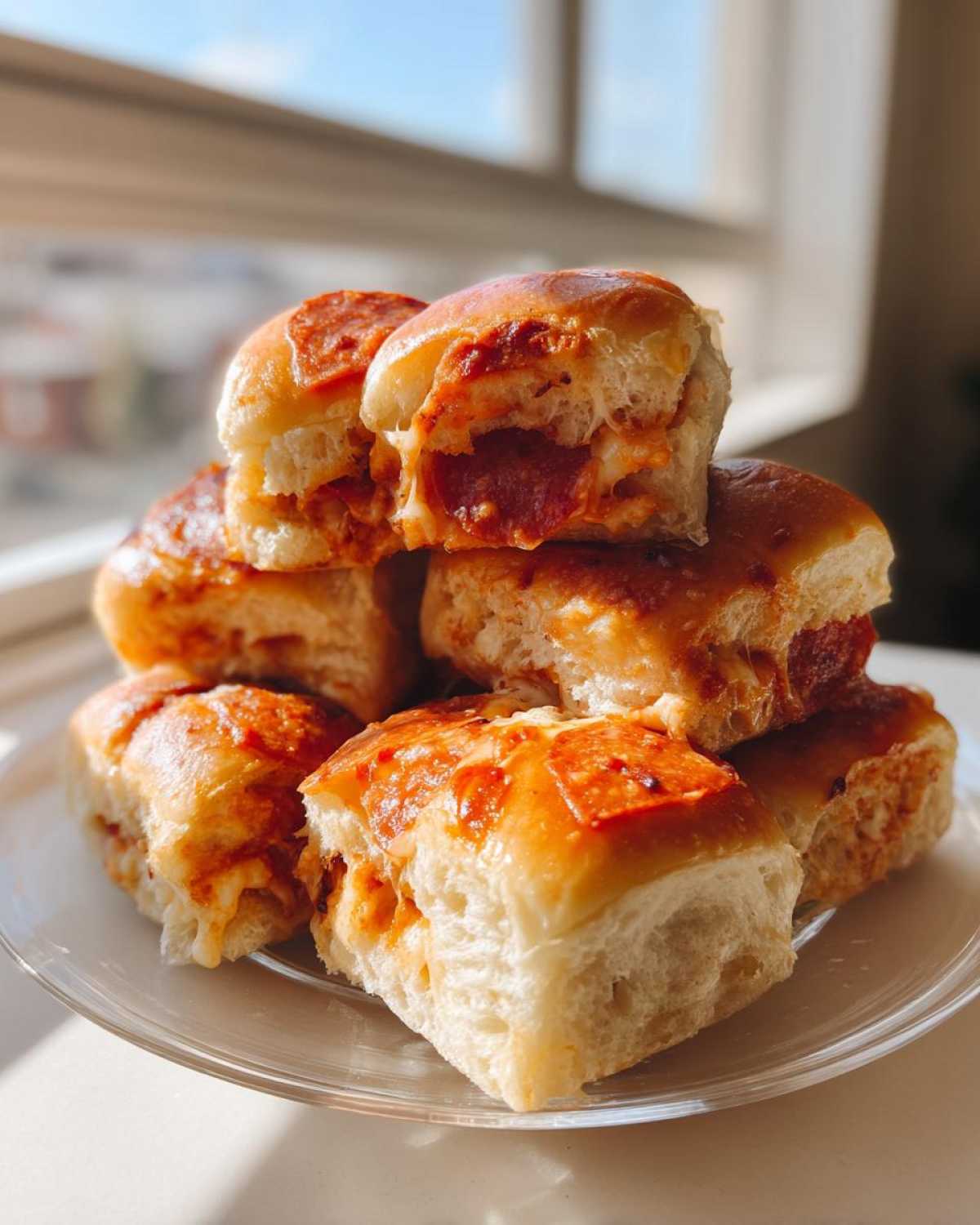 A stack of golden-brown pizza sliders filled with pepperoni and cheese, sitting on a clear plate.