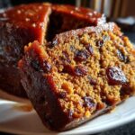 Close-up of a rich, moist slice of plum pudding showing dried fruit inclusions, with the rest of the pudding in the background.