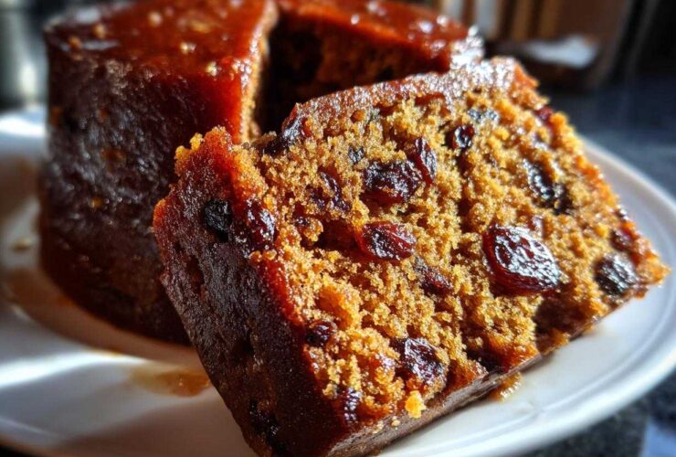 Close-up of a rich, moist slice of plum pudding showing dried fruit inclusions, with the rest of the pudding in the background.
