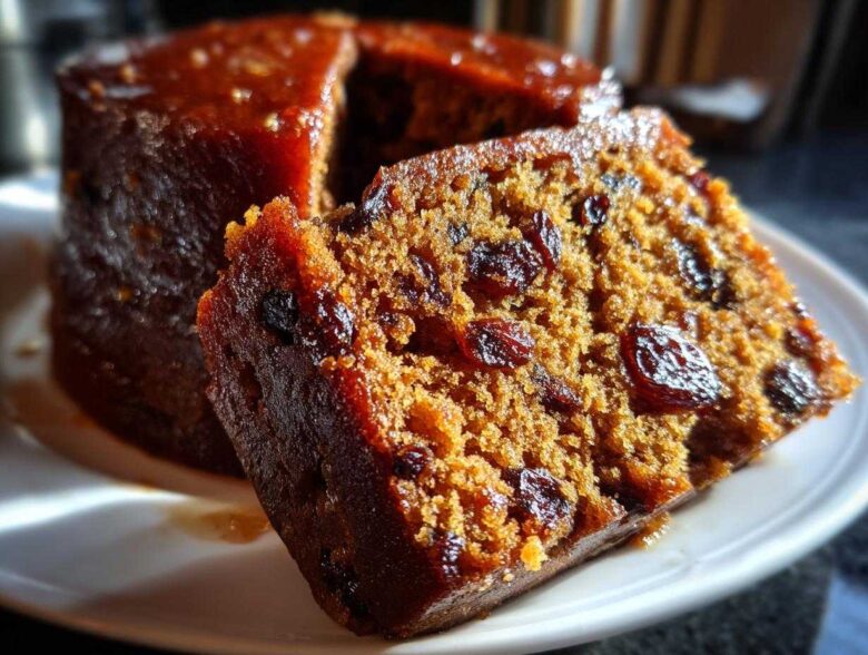 Close-up of a rich, moist slice of plum pudding showing dried fruit inclusions, with the rest of the pudding in the background.