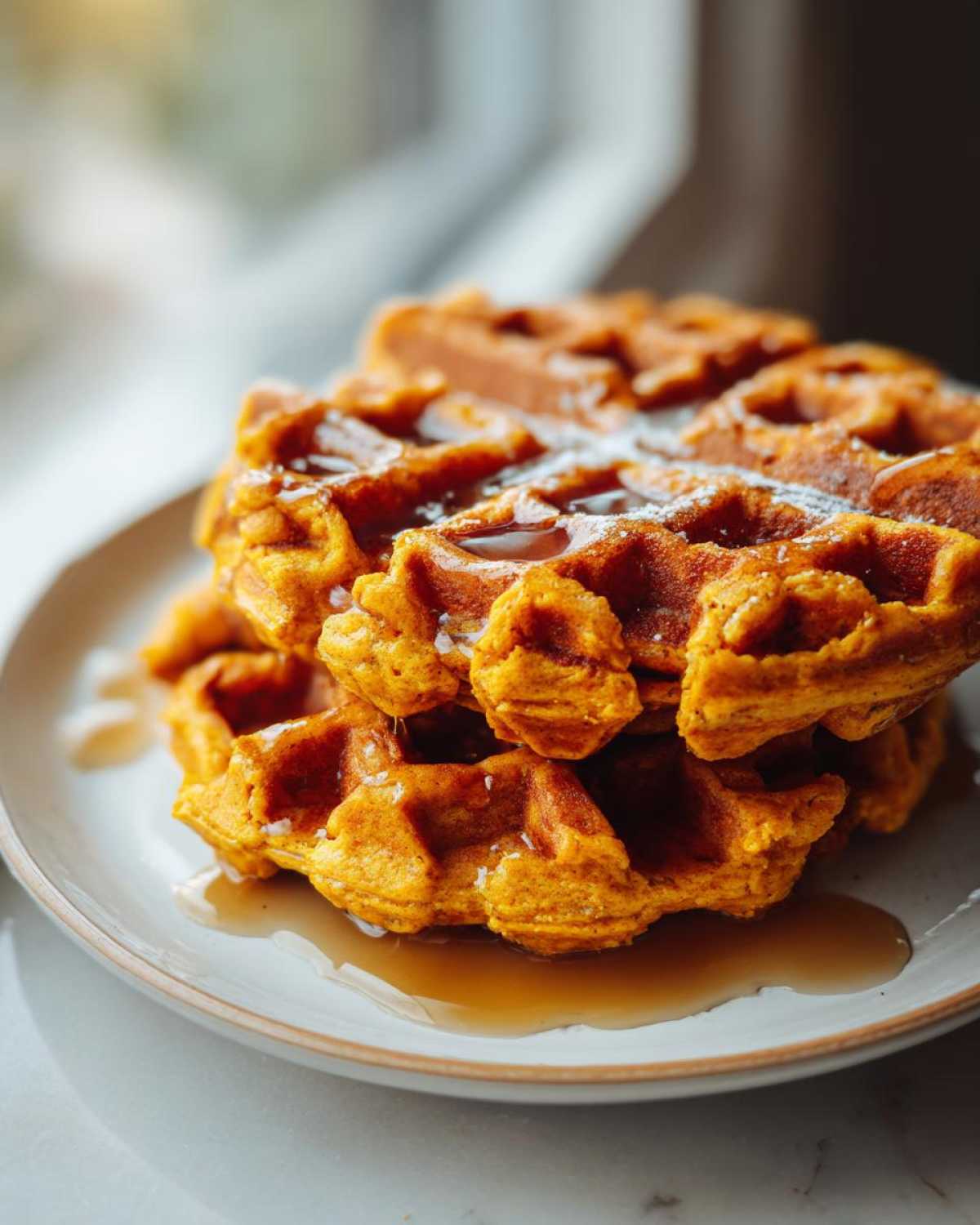 A tall stack of fluffy, orange pumpkin waffles drizzled with maple syrup and powdered sugar.