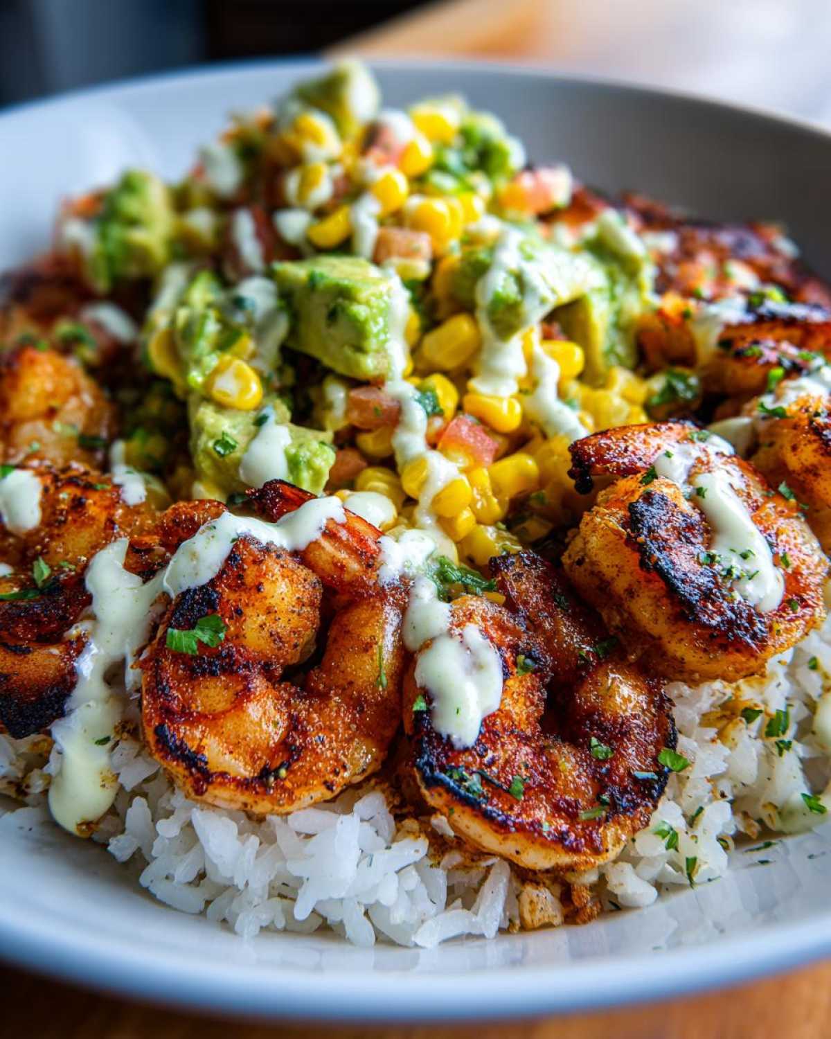 Close-up of a delicious shrimp bowl featuring seasoned grilled shrimp over white rice, topped with corn salsa, avocado, and a creamy drizzle.