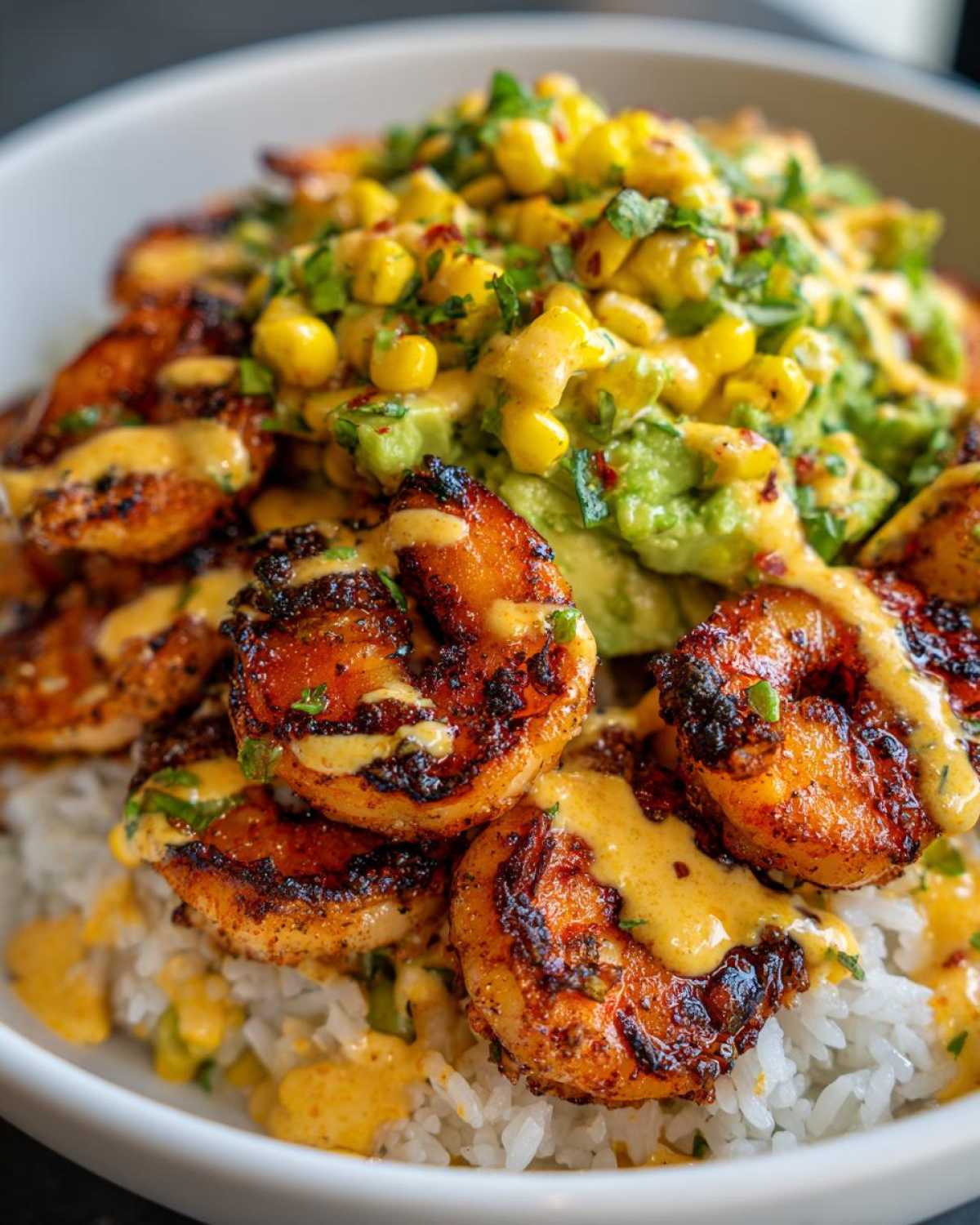 A close-up of a delicious shrimp bowl featuring blackened shrimp over rice, topped with avocado corn salsa and a creamy sauce.