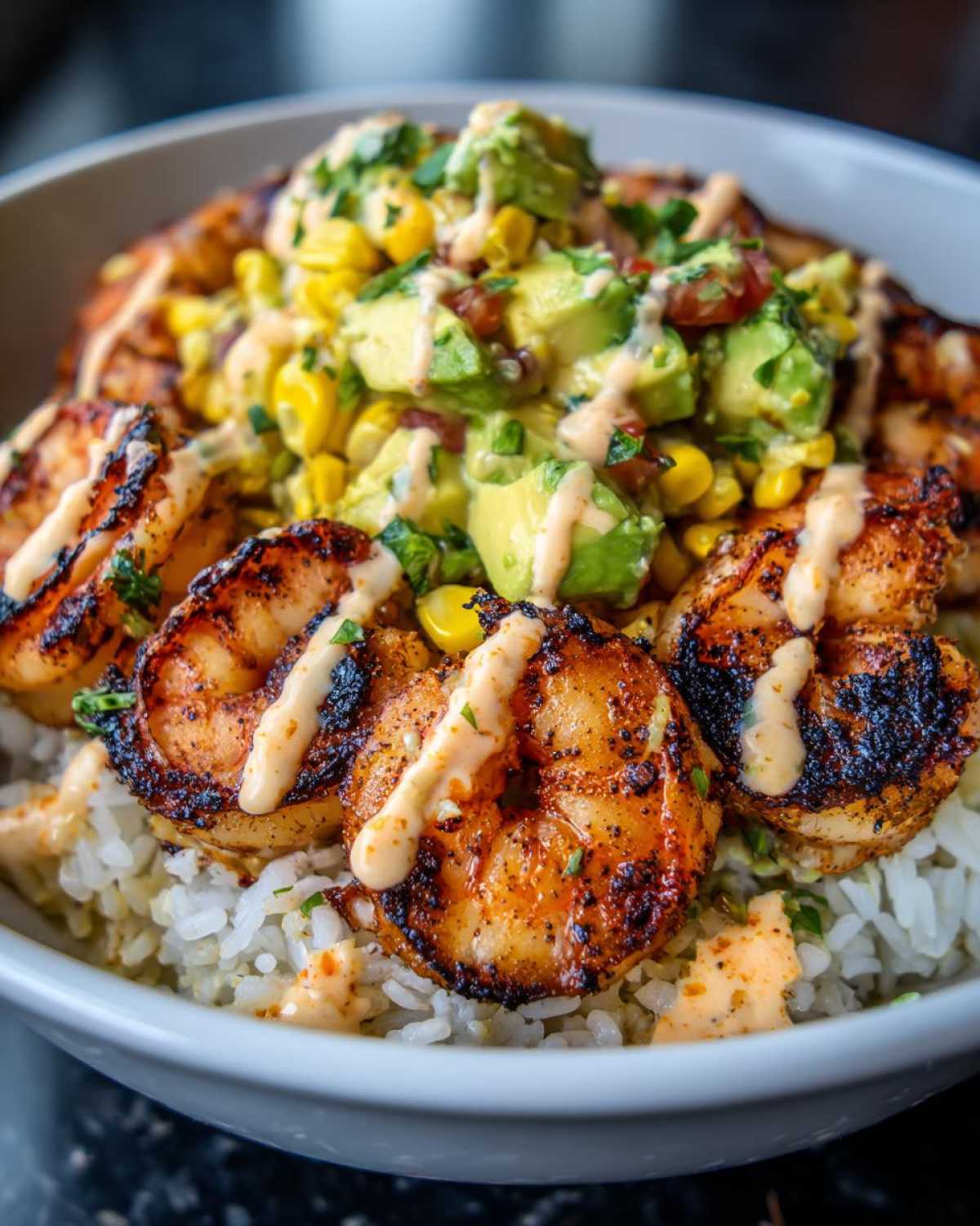 Close-up of a delicious shrimp bowl featuring grilled shrimp over rice, topped with avocado corn salsa and a creamy drizzle.