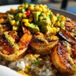 Close-up of a delicious shrimp bowl featuring grilled shrimp over rice, topped with corn and avocado salsa.