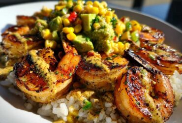 Close-up of a delicious shrimp bowl featuring grilled shrimp over rice, topped with corn and avocado salsa.