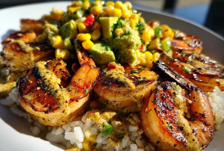 Close-up of a delicious shrimp bowl featuring grilled shrimp over rice, topped with corn and avocado salsa.