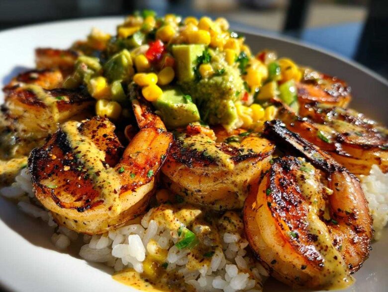 Close-up of a delicious shrimp bowl featuring grilled shrimp over rice, topped with corn and avocado salsa.