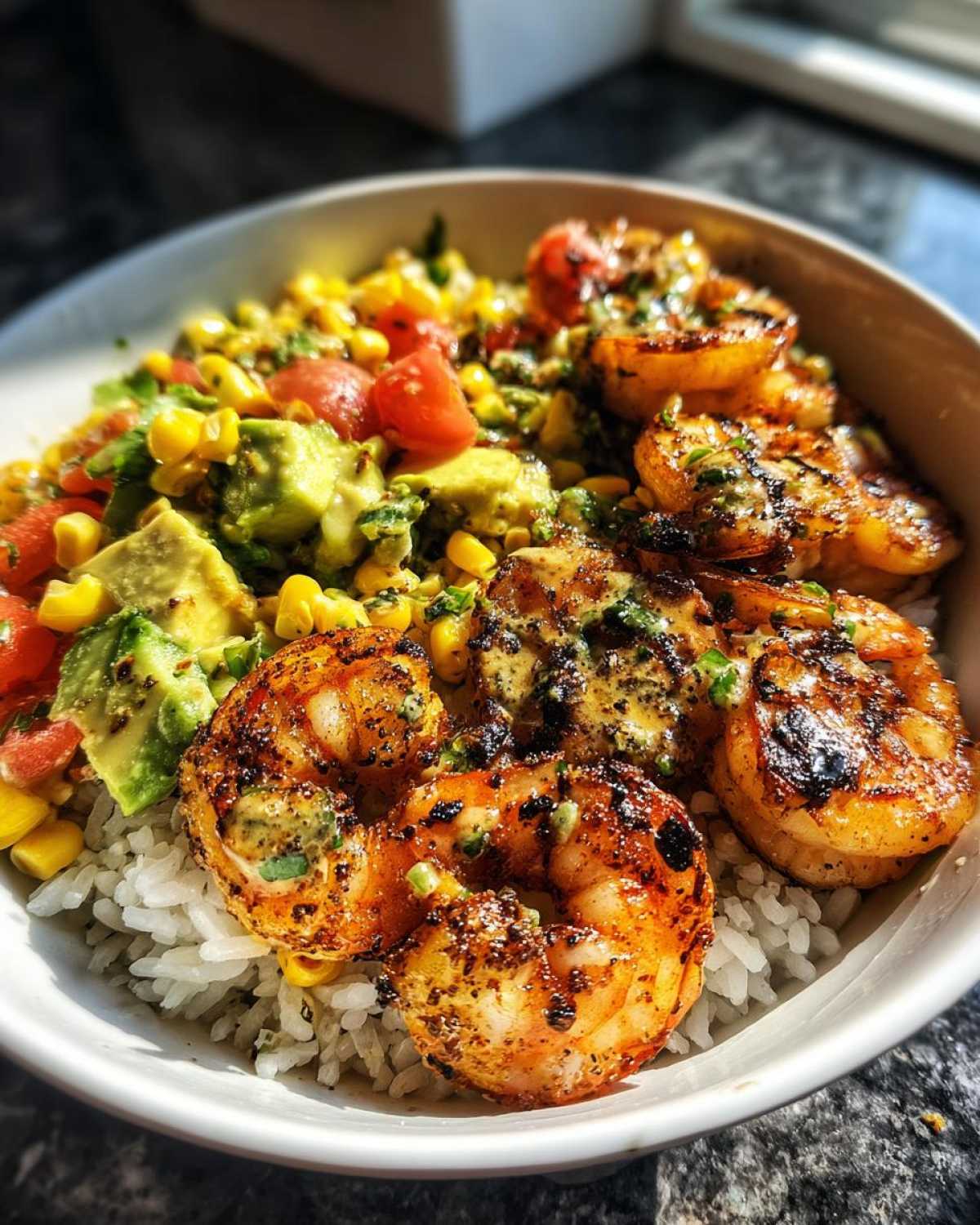 Close-up of a delicious shrimp bowl featuring seasoned grilled shrimp over rice with corn and avocado salsa.
