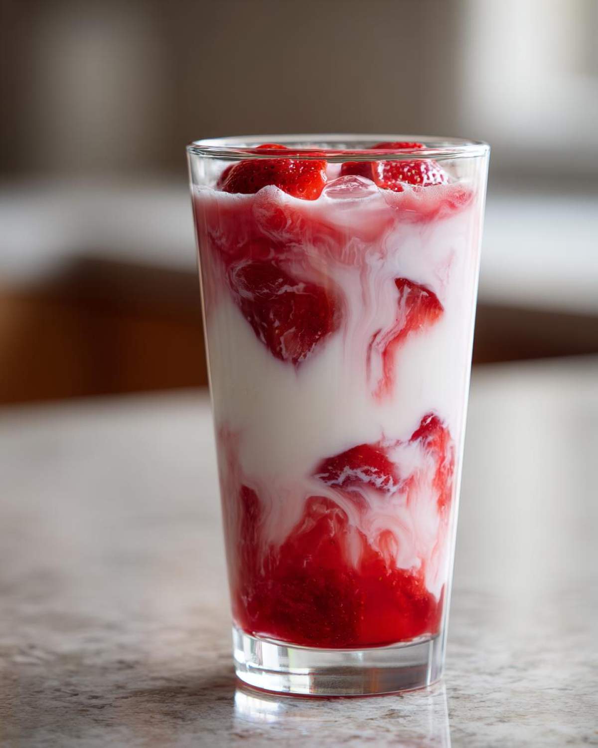 A tall glass filled with homemade strawberry milk showing vibrant red strawberry puree swirling into white milk.
