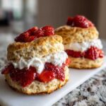 Close-up of a fluffy, split shortcake filled with whipped cream and macerated strawberries.