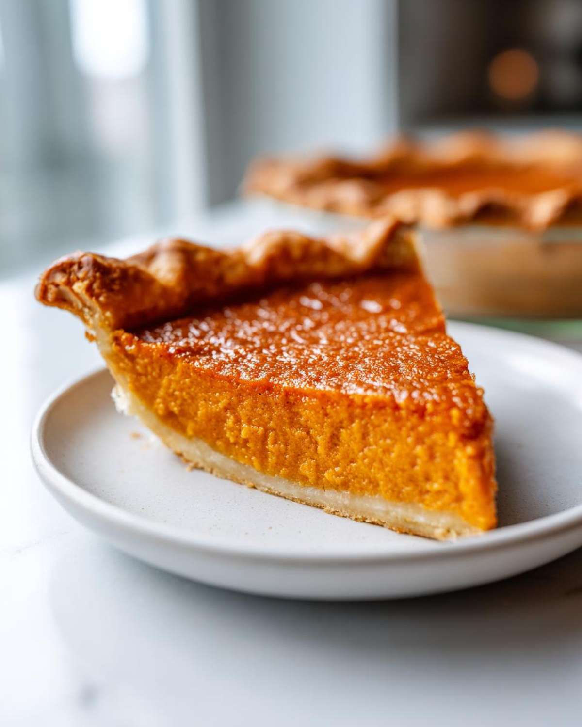 A close-up of a velvety slice of sweet potato pie dusted with powdered sugar on a white plate.