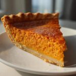 A close-up slice of rich, orange sweet potato pie with a flaky crust on a white plate.