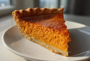 A close-up slice of rich, orange sweet potato pie with a flaky crust on a white plate.