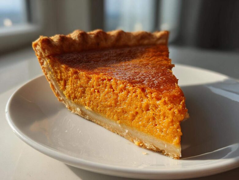 A close-up slice of rich, orange sweet potato pie with a flaky crust on a white plate.