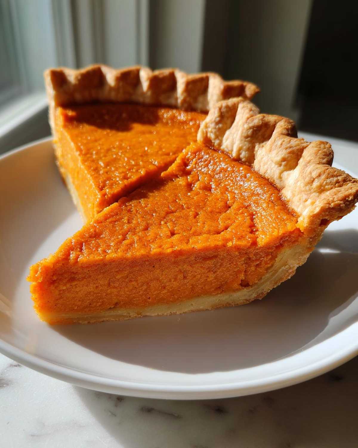 Two slices of vibrant orange sweet potato pie with flaky crust served on a white plate.