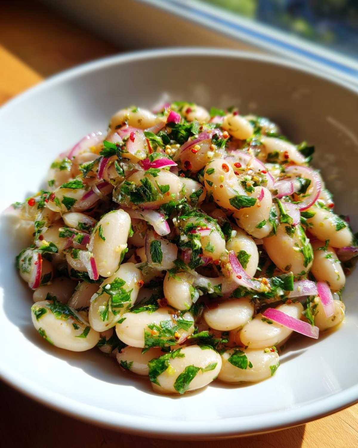 Close-up of a white bowl filled with amazing white bean salad featuring cannellini beans, red onion, and fresh herbs.