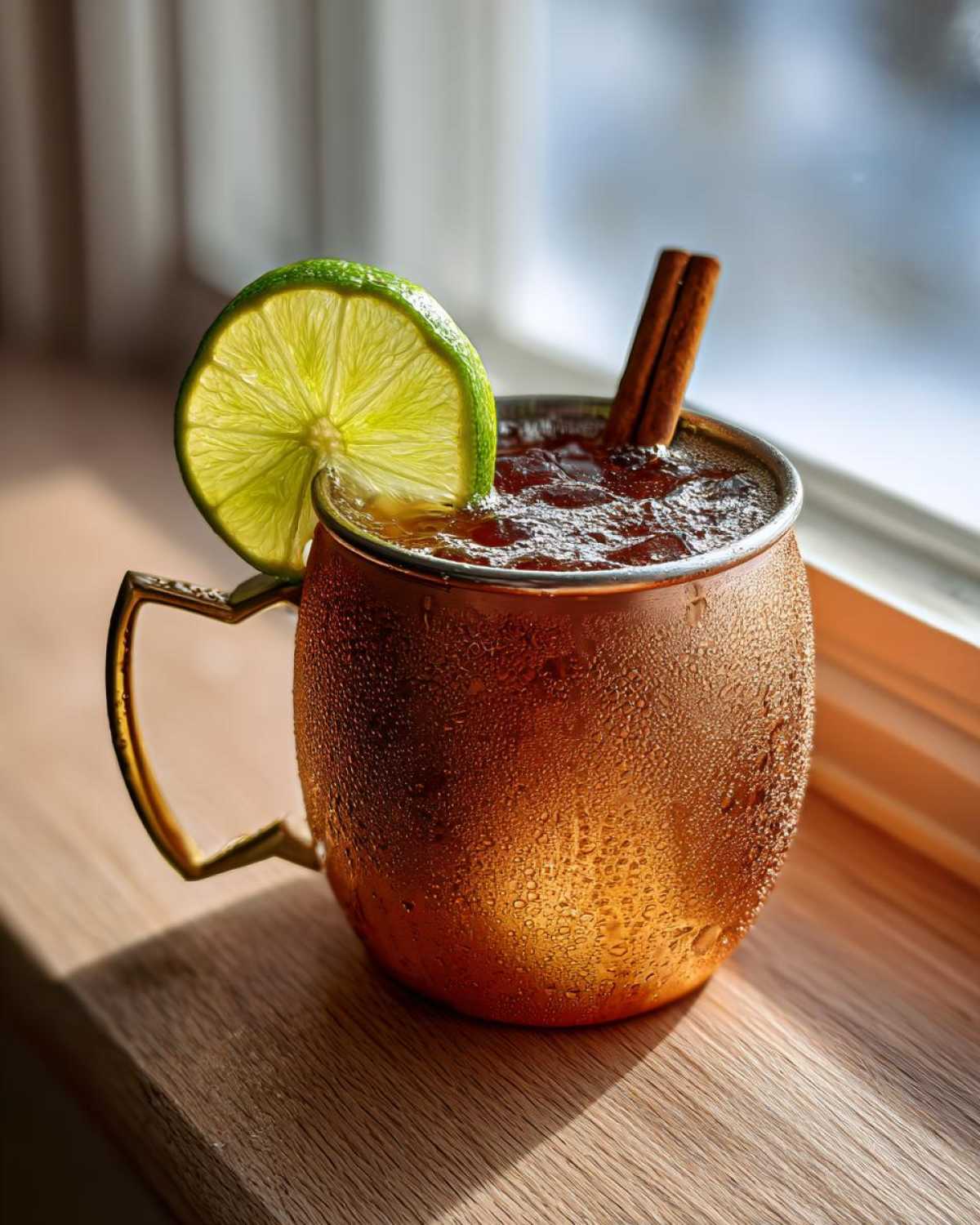 A frosty copper mug filled with an apple cider moscow mule, garnished with a lime wheel and cinnamon stick.
