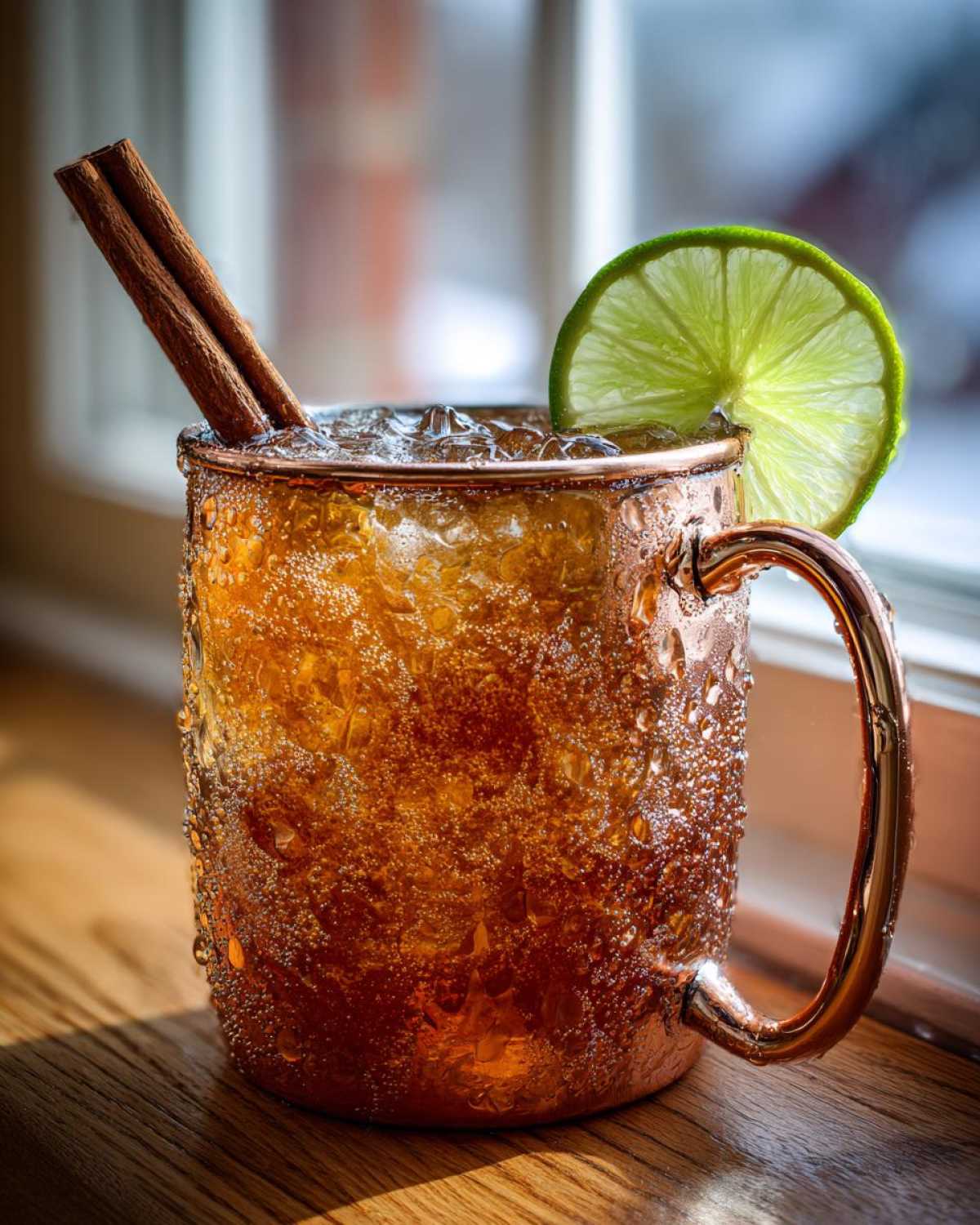 A condensation-covered copper mug filled with a bubbly apple cider moscow mule, garnished with lime and cinnamon sticks.