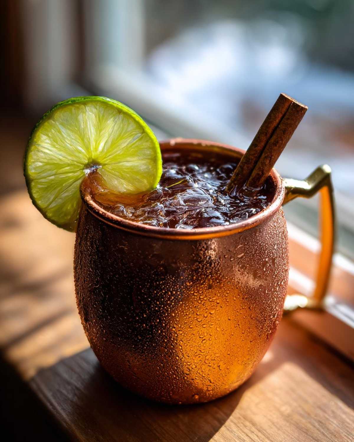 Close-up of a frosty copper mug filled with an apple cider moscow mule, garnished with a lime slice and cinnamon stick.