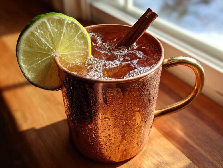 A frosty copper mug filled with an apple cider moscow mule, garnished with a lime wheel and cinnamon stick.