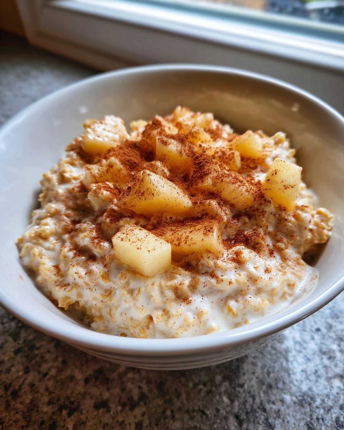A close-up view of creamy apple cinnamon oatmeal topped with diced cooked apples and a generous dusting of cinnamon.