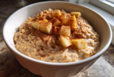 Close-up of a white bowl filled with creamy apple cinnamon oatmeal, topped with diced apples and sprinkled cinnamon.