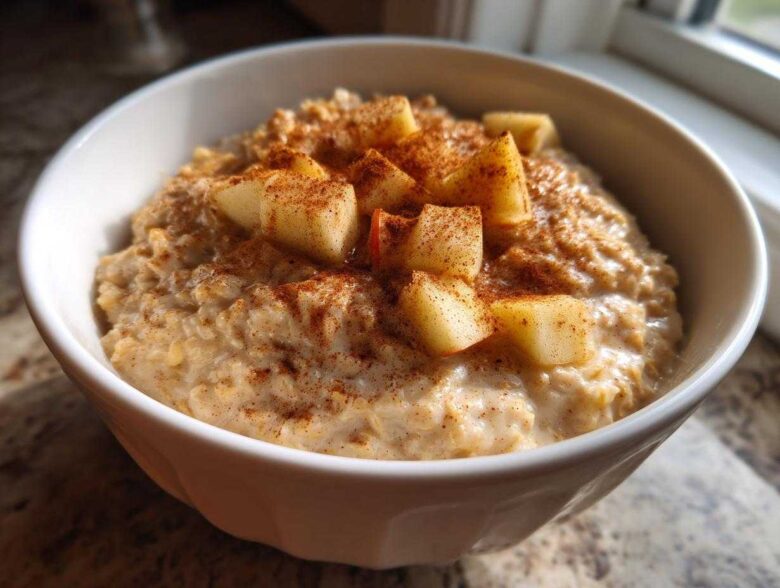 Close-up of a white bowl filled with creamy apple cinnamon oatmeal, topped with diced apples and sprinkled cinnamon.