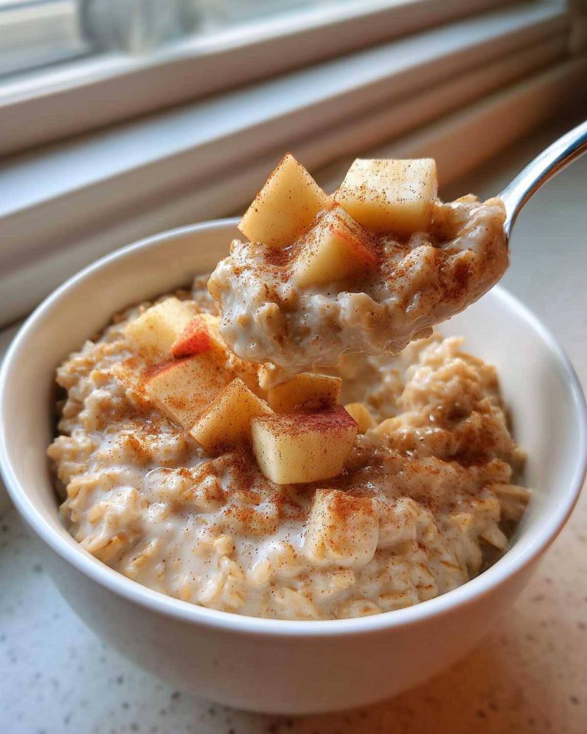 A spoonful of creamy apple cinnamon oatmeal topped with diced apples and cinnamon being lifted from a white bowl.