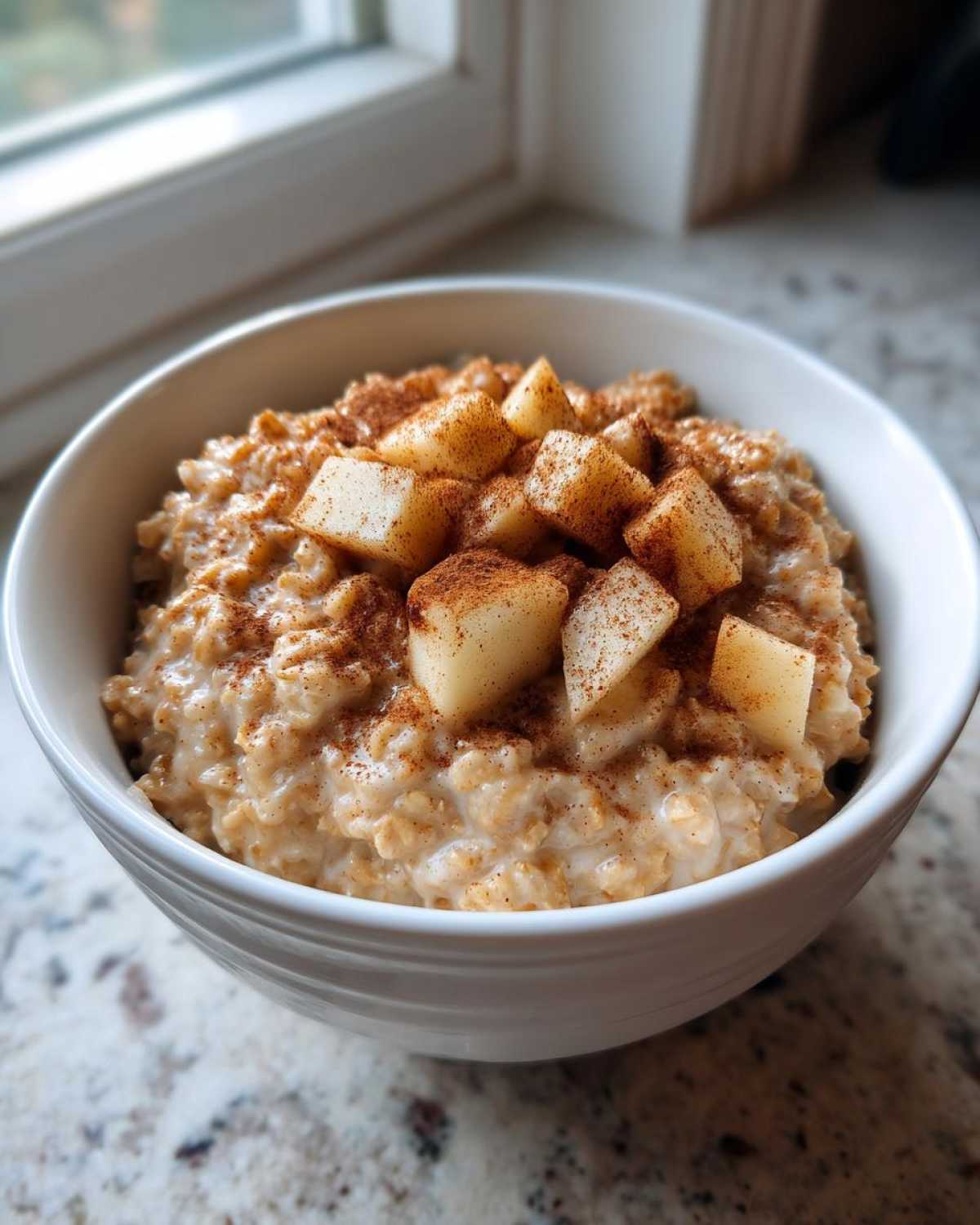 A close-up view of creamy apple cinnamon oatmeal topped with diced apples and a generous dusting of cinnamon.