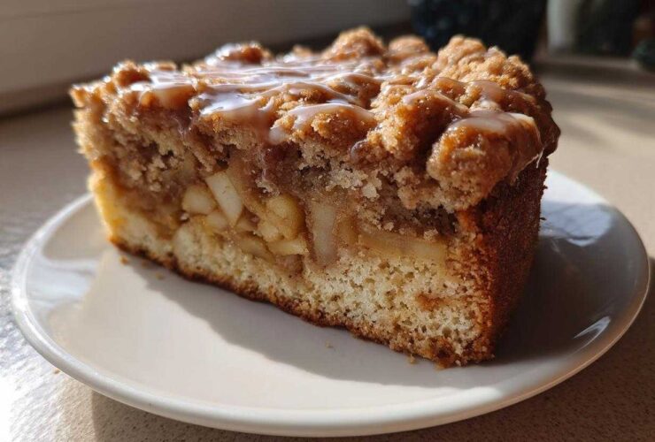 Close-up of a moist slice of apple crumb cake topped with a caramel glaze.