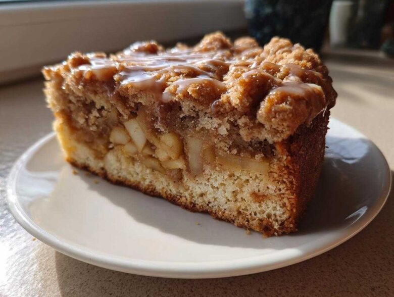 Close-up of a moist slice of apple crumb cake topped with a caramel glaze.