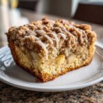 Close-up of a moist slice of apple crumb cake topped with cinnamon streusel and a vanilla icing drizzle.