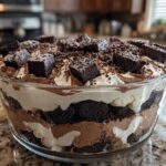 A large glass bowl filled with layers of chocolate cake, cream, and mousse for the Baileys Chocolate Cheesecake Trifle, topped with brownies.