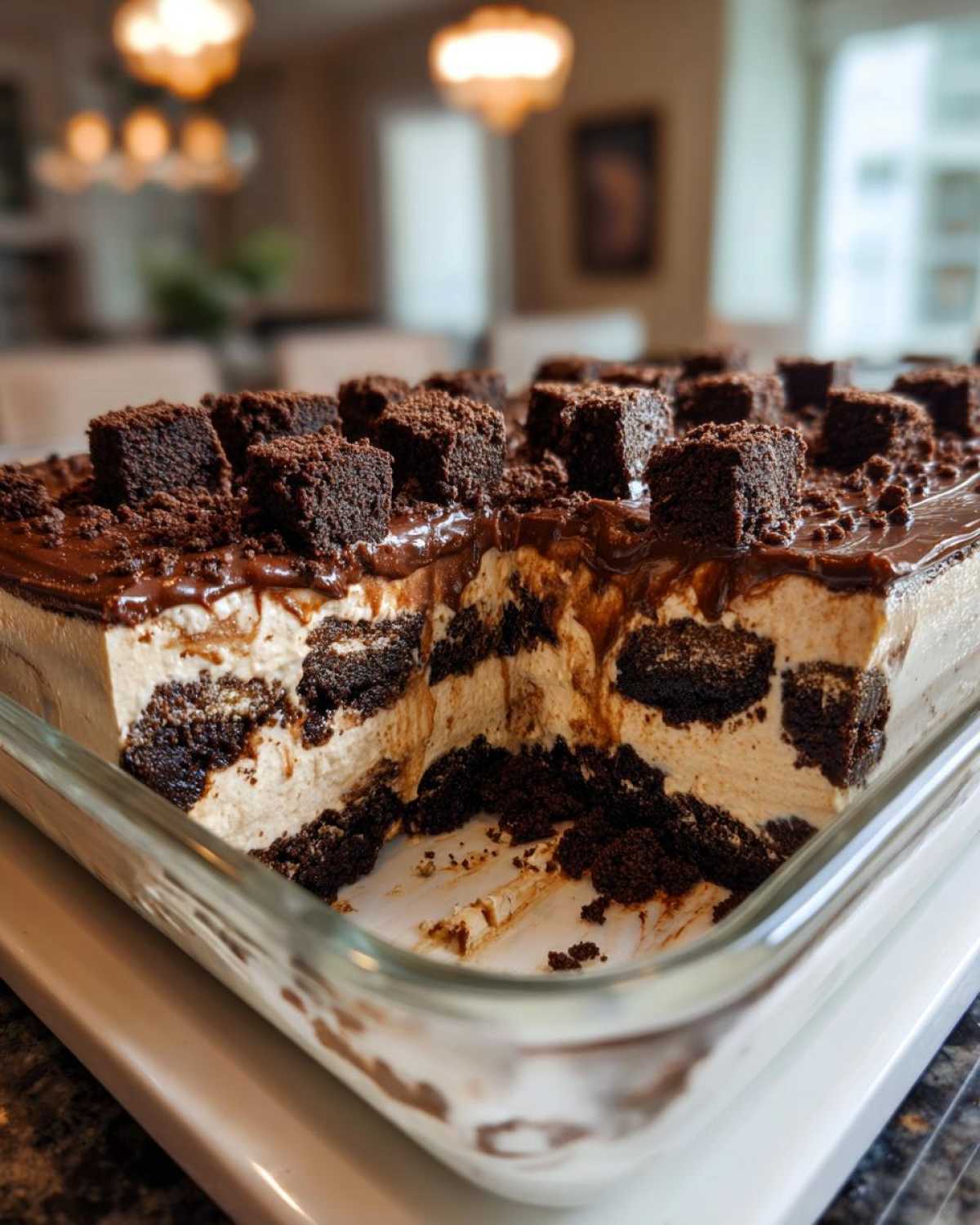 A serving removed from the Baileys Chocolate Cheesecake Trifle showing layers of cream and chocolate cake pieces.