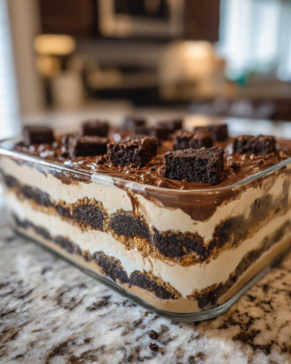 Close-up of a Baileys Chocolate Cheesecake Trifle showing multiple layers of cream, chocolate cake, and topping in a clear glass dish.
