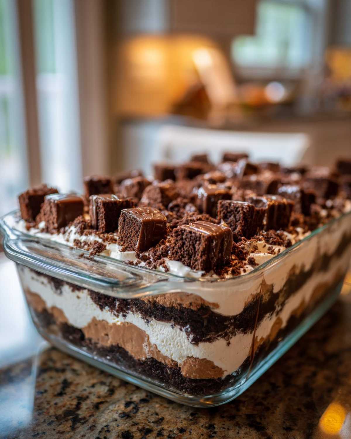 Close-up of the finished Baileys Chocolate Cheesecake Trifle showing distinct layers and brownie topping.