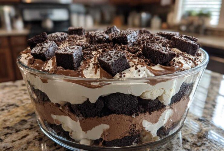 A large glass bowl filled with layers of chocolate cake, cream, and mousse for the Baileys Chocolate Cheesecake Trifle, topped with brownies.