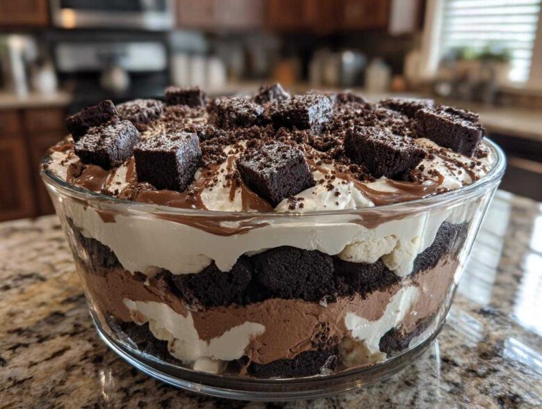 A large glass bowl filled with layers of chocolate cake, cream, and mousse for the Baileys Chocolate Cheesecake Trifle, topped with brownies.