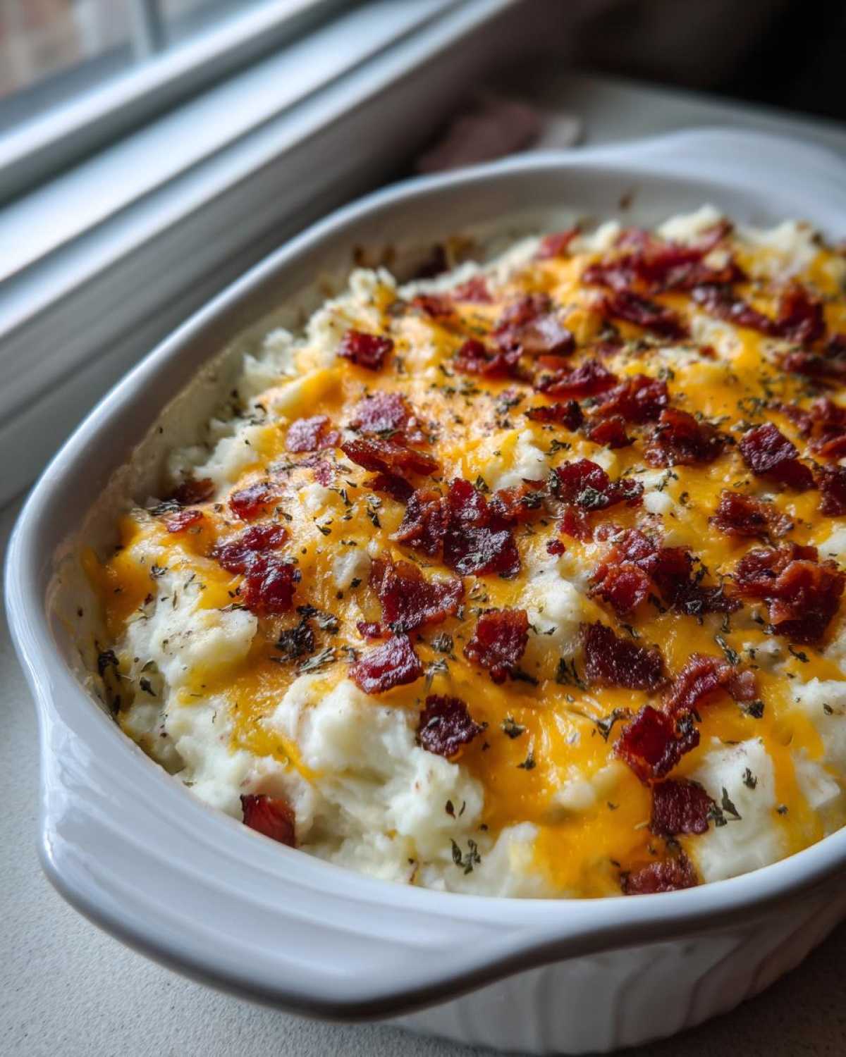 Close-up of baked loaded mashed potatoes topped with melted cheddar cheese, crispy bacon bits, and herbs.