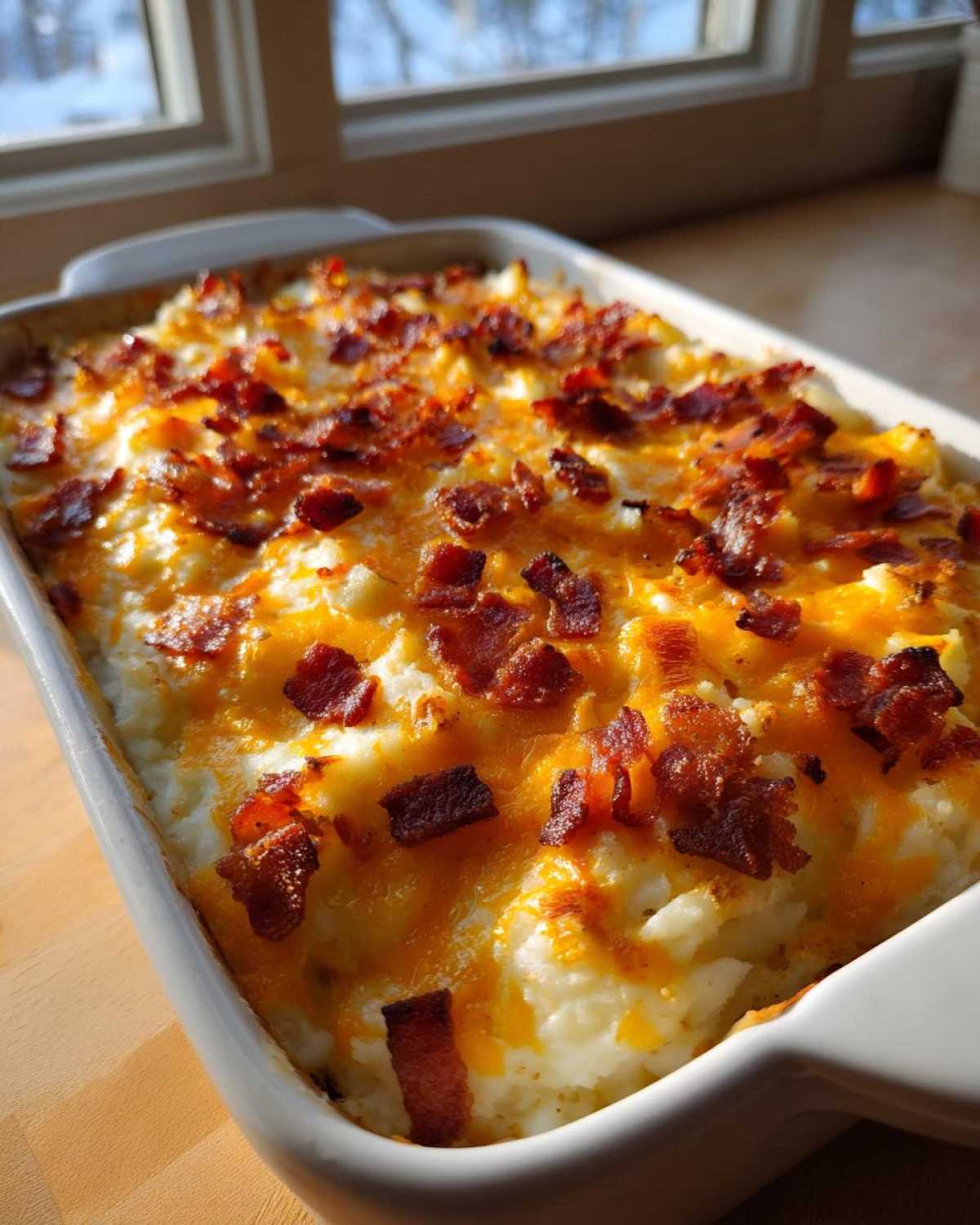 A white casserole dish filled with baked loaded mashed potatoes topped generously with melted cheddar cheese and crispy bacon bits.