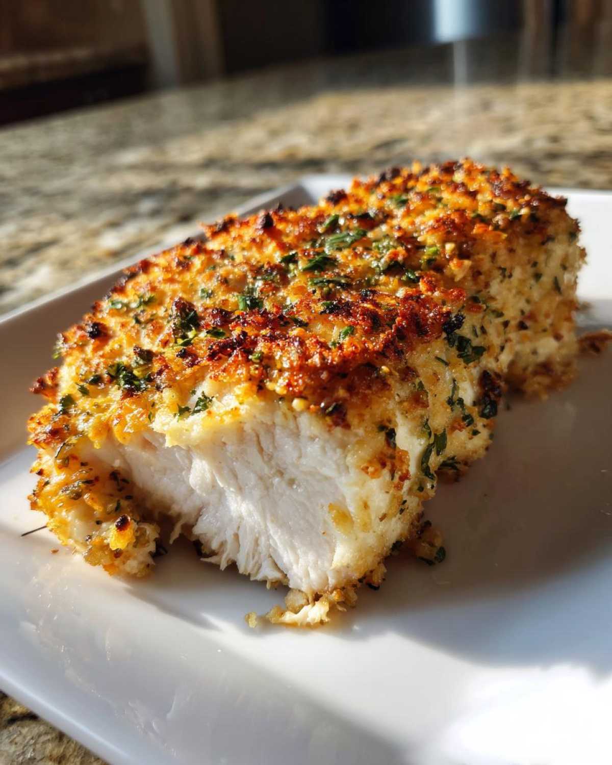 Close-up of a slice of baked ranch chicken showing the juicy white interior and crispy, golden-brown seasoned crust.