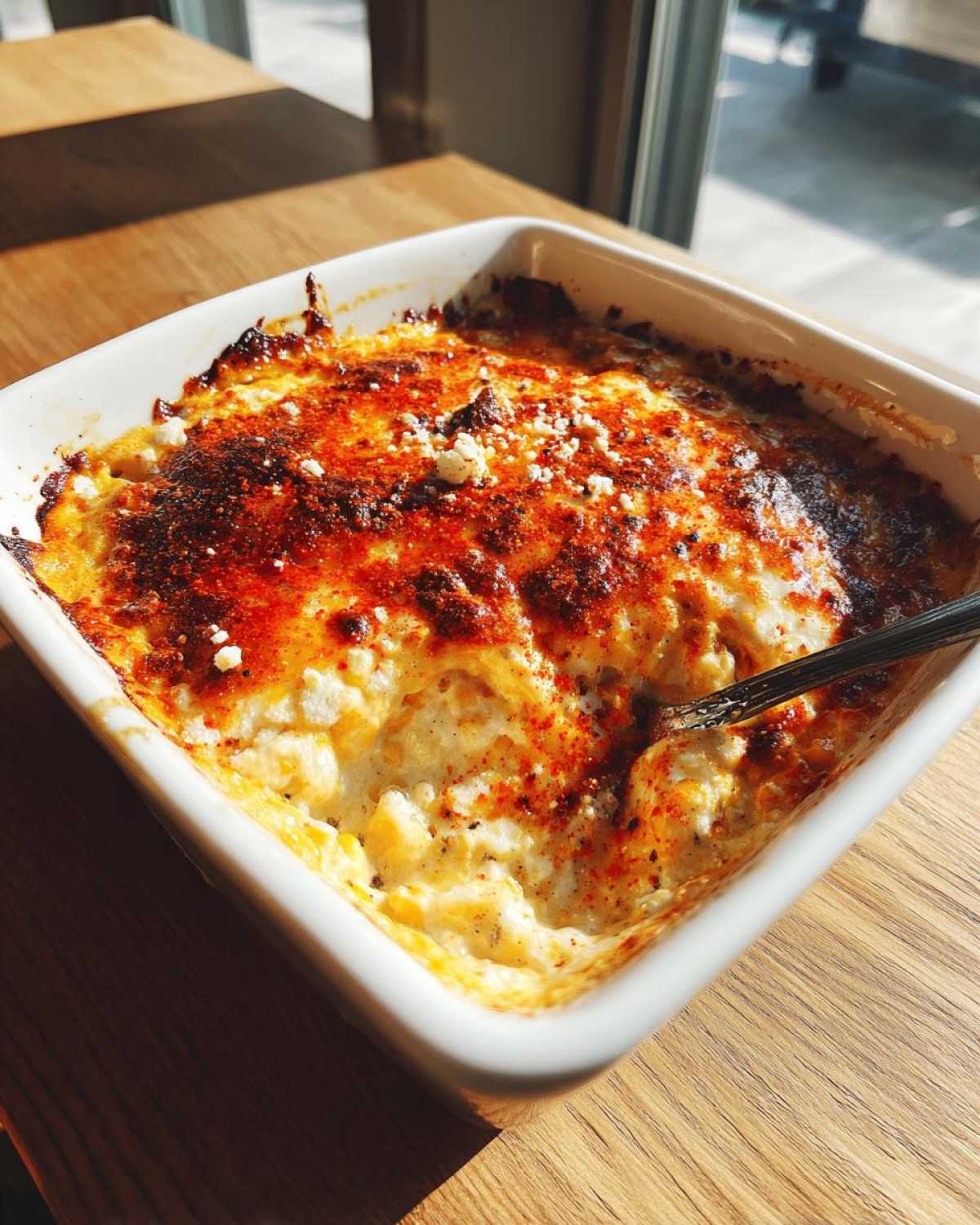 Close-up of a hot, bubbly, baked street corn dip topped with charred spices in a square white baking dish.