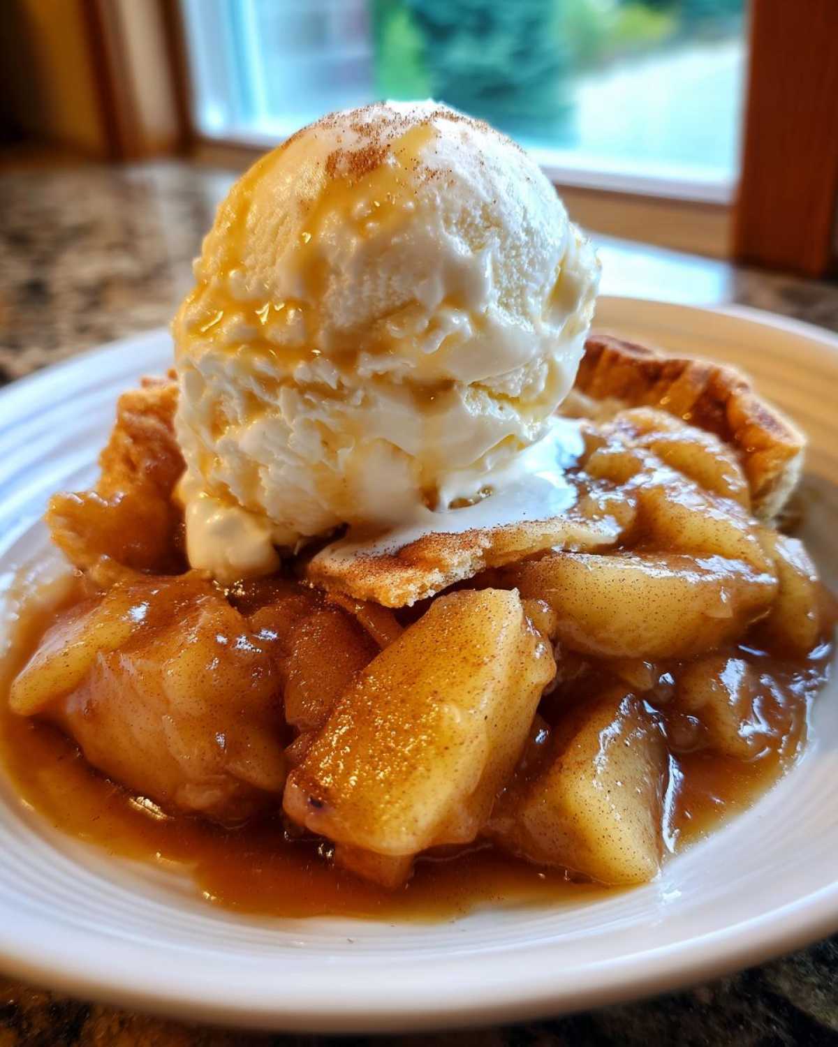 Close-up of warm apple pie filling served with a scoop of vanilla ice cream and cinnamon.